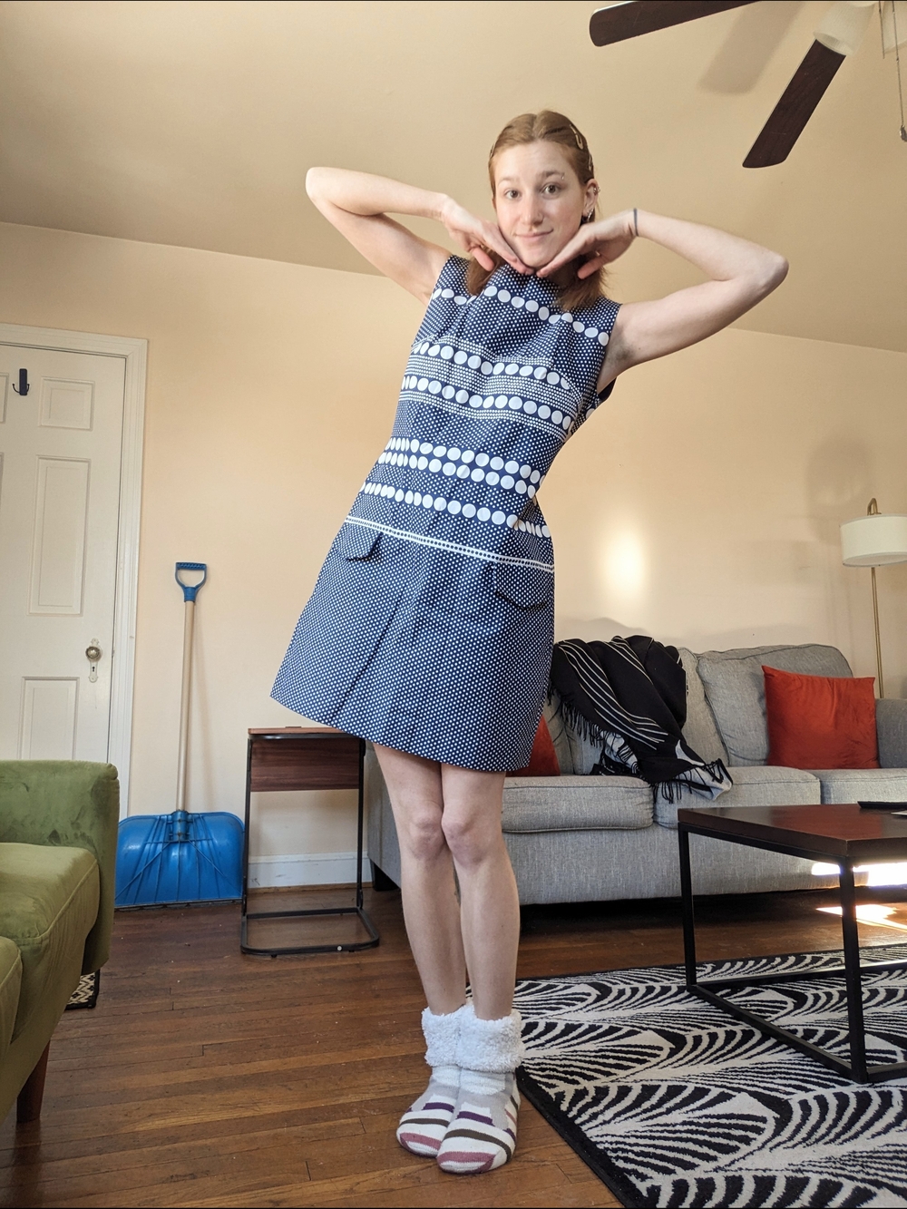 1960s Blue and White Polkadot Printed Mini Shift Dress